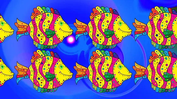 Farklı balık türlerinden. Robot resim. Mavi, sarı ve morumsu renklerde şirin balıklar. Raster illüstrasyonu. Tatlı su balığı seti.