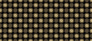 Dantelli iz sürücü. Çiçekli süslemeli, pürüzsüz bir desen. Kahverengi, siyah, bej renkli geleneksel Arap dekoru. Duvar kâğıdı için altın süslü bir illüstrasyon. Doğu tarzında vintage tasarım ögesi.