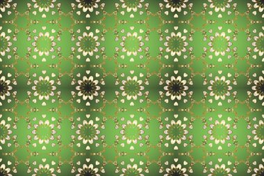 Lüks, kraliyet ve Viktorya dönemi konsepti. Raster klasik barok çiçeksiz altın desenli. Süslü dekorasyon. Bej, nötr ve yeşil renklerdeki altın desenli altın elementler.