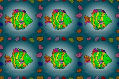 Yeşil, sarı ve mavi. Kusursuz. Raster illüstrasyonu. Suluboya balık deseni.
