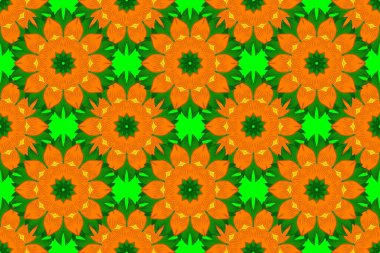 Raster suluboya çiçek deseni, narin çiçekler, turuncu, yeşil ve sarı çiçekler, tebrik kartı şablonu. Güzel kumaş deseni.