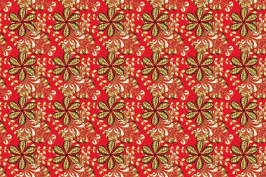 Süslü raster dekorasyonu. Kahverengi, bej ve kırmızı renklerde altın element. Lüks, kraliyet ve Viktorya dönemi konsepti. Kahverengi, bej ve kırmızı üzerine altın desenli klasik barok çiçekleri..