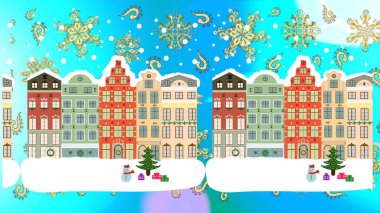 Unusual christmas illustration postcard on blue, neutral and white colors. Raster illustration. Amazing fairy house decorated at christmas in magical forest. clipart