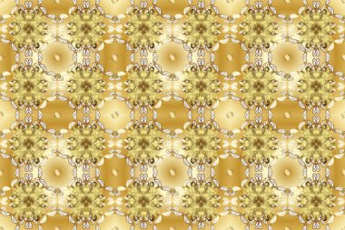 Raster. Hassas altın deseni açın. Doğu tarzı arabesk. Kusursuz altın dokular. Sarı üzerinde pürüzsüz desen, altın elementlerle bej renkler. Parlak dantel, stilize çiçekler, şal desenli.