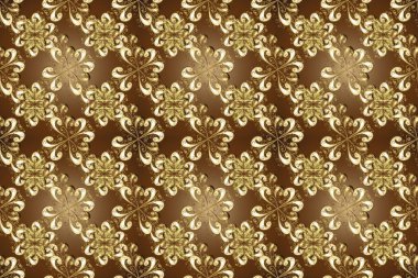 Kart, duvar kağıdı, ambalaj ve tekstil için klasik tasarım. Altın şablon. Klasik çiçek dokusu. Kusursuz desenli altın elementler. Raster illüstrasyonu. Kahverengi, nötr ve bej renklerde Royal retro.