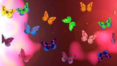 Kitap sayfaları için çiçek ormanlarında uçan güzel kelebekler. Renk çizimi kalıbı. Fantezi güzel illüstrasyon. Kırmızı, kahverengi ve pembe renkli resimler. Raster illüstrasyonu.