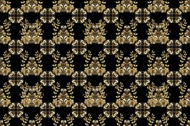 Tekrarlayan elementlerle soyut arkaplan oluşturun. Kusursuz damaske klasik altın desen. Kahverengi, siyah ve bej renklerde altın rengi ve altın elementler. Raster illüstrasyonu.