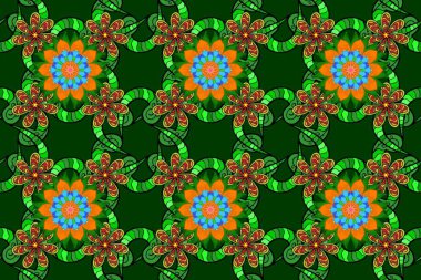 Çiçek deseni. Şatafatlı bahar bahçesi dokusu. Yeşil, mavi ve siyah renkte çiçekler. Yeşil, mavi ve siyah renklerde çiçeksiz. Raster illüstrasyonu.