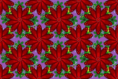 Raster Illustrasyon 'da kusursuz çiçek deseni. Kırmızı, mor ve yeşil renkte çiçekler.