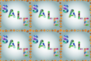 Kusursuz desen. Resimde gri, nötr ve mavi renkler var. Renkli elementlerin çerçevesini süsleyin. Mevsimlik indirimler ayarlandı. Satılık. Harf.