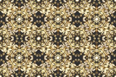 Kusursuz desenli oryantal süs. Gri ve kahverengi renklerdeki altın desenli altın elementler. Raster altın tekstil baskısı. Çiçek kiremitleri. İslam tasarımı.