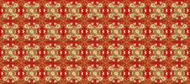 Kahverengi ve kırmızı renklerde altın elementlerle kusursuz desen. Klasik klasik klasik arka plan. Kusursuz klasik raster altın desenli. Geleneksel oryantasyon süsü. Raster illüstrasyonu.