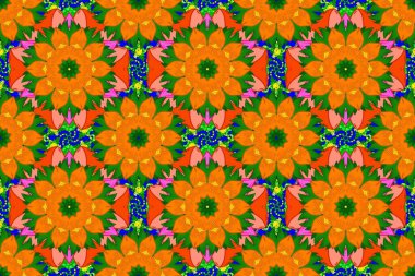 Çiçekli ipek eşarp. Turuncu, yeşil ve pembe turuncu, yeşil, pembe. 1950-1960 motifleri. Retro tekstil tasarım koleksiyonu. El çizimi çiçek elementleriyle soyut, dikişsiz raster deseni..