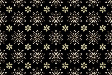 Kusursuz damaske klasik altın desen. Tekrarlayan elementlerle soyut arkaplan oluşturun. Raster illüstrasyonu. Siyah, nötr ve bej renklerde, altın elementlerle altın pürüzsüz desen.