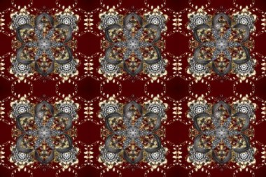 Gri, kırmızı ve kahverengi renklerde, altın elementlerle kusursuz klasik desen. Noel, kar tanesi, yeni yıl 2025.