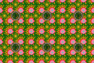 Düz Çiçek Elementleri Tasarımı. Renkli Bahar Temalı Kusursuz Arkaplan. Çocuk stili. Çiçekli pürüzsüz raster arka plan.