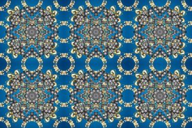 Raster illüstrasyonu. Oriental raster klasik mavi, gri, bej ve altın desenli. Kusursuz soyut arkaplan.