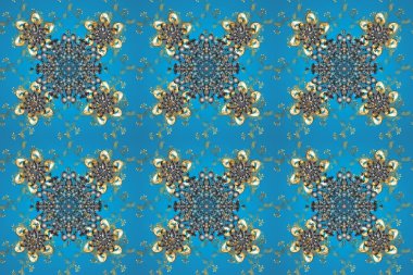 Mavi, gri ve altın elementli nötr renklerde kusursuz klasik desen. Noel, kar tanesi, yeni yıl 2019.