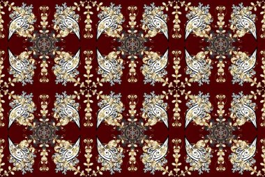 Damask kusursuz yinelenen arkaplan. Doku arka planında altın duvar kâğıdı. Barok tarzında altın çiçekli süs. Kahverengi, kırmızı ve bej renklerde altın element.