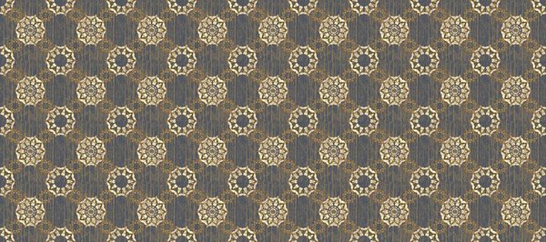 Raster illustration. Ornate decoration. Damask gold abstract flower seamless pattern on blue and brown colors.