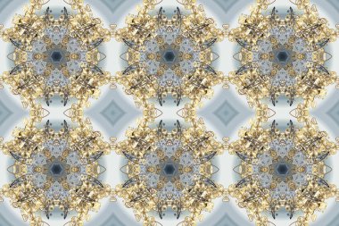 Gri, bej ve altın elementli nötr renklerde kusursuz klasik desen. Noel, kar tanesi, yeni yıl 2019.