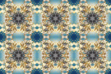 Damask arkaplanı. Altın çiçekli, pürüzsüz desen. Bej, mavi ve nötr renklerdeki altın element. Barok tarzında altın çiçekli süs..