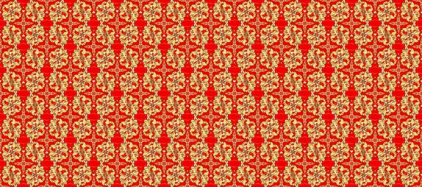 Kırmızı, sarı ve bej renklerde altın. Raster illüstrasyonu. Dekoratif simetri arabesk. Kusursuz ortaçağ çiçek deseni. Doğum günü, davetiye ya da afiş için tebrik kartı.