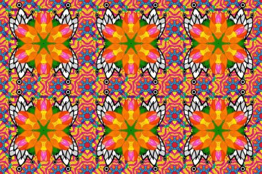 Çiçek deseni. Şatafatlı bahar bahçesi dokusu. Raster illüstrasyonu. Turuncu, sarı ve morumsu renklerde çiçeksiz. Turuncu, sarı ve mor renkli çiçekler..