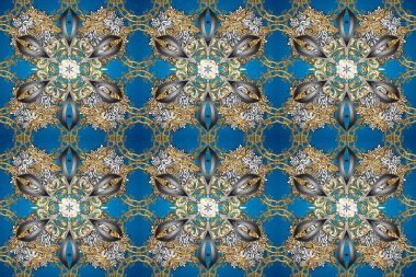 Kusursuz kraliyet lüksü, altın barok kumaş rengi. Altın antika ortaçağ dekoratifi, yapraklar ve altın desenli mavi, gri ve bej renklerde Raster pürüzsüz desen..