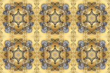 Altın elementlerle bej, sarı ve gri renklerde klasik, pürüzsüz desen. Noel 2019, kar tanesi, yeni yıl.