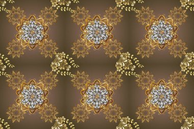 Damask altın soyut çiçek, nötr, bej ve kahverengi renklerde pürüzsüz desen. Raster illüstrasyonu. Süsleme.
