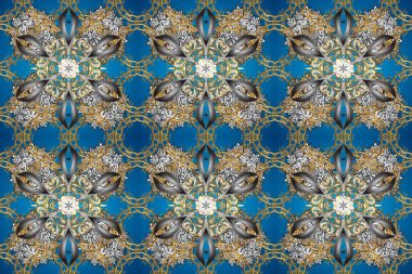 Kusursuz kraliyet lüksü, altın barok kumaş rengi. Altın antika ortaçağ dekoratifi, yapraklar ve altın desenli mavi, gri ve bej renklerde Raster pürüzsüz desen..