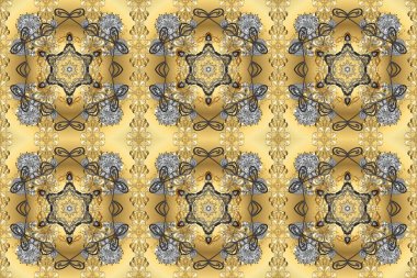 Altın elementlerle bej, sarı ve gri renklerde klasik, pürüzsüz desen. Noel 2019, kar tanesi, yeni yıl.