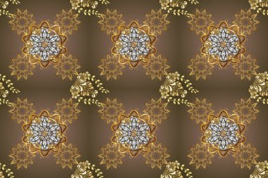 Damask altın soyut çiçek, nötr, bej ve kahverengi renklerde pürüzsüz desen. Raster illüstrasyonu. Süsleme.