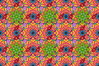 Nazik, narin çiçek arkaplanı. Çiçekli karalama şeklinde Raster çiçek deseni. Yeşil, sarı ve mor renkli çiçekler..