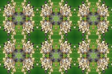 Noel, kar tanesi, yeni yıl 2019. Yeşil, bej ve gri renklerde altın elementlerle kusursuz klasik desen.