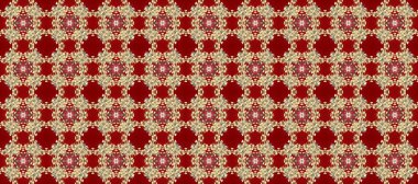Kırmızı, bej ve kahverengi renklerde altın bir element. Altın çiçekli, pürüzsüz desen. Damask arkaplanı. Barok tarzında altın çiçekli süs..