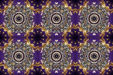 Kusursuz raster arka plan. Duvar kâğıdı barok, İspanyol kumaşı. Şık bir grafik desen. Çiçek deseni. Gri, mor ve kahverengi renklerde altın elementler.