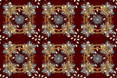 Gri, kırmızı ve kahverengi renklerde, altın elementlerle kusursuz klasik desen. Noel, kar tanesi, yeni yıl 2025.