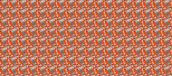 Soyut çiçek desensiz arkaplan. Küçük çiçekteki sevimli çiçek deseni. Raster illüstrasyonu. Raster deseni. Turuncu, gri ve kahverengi renklerde.