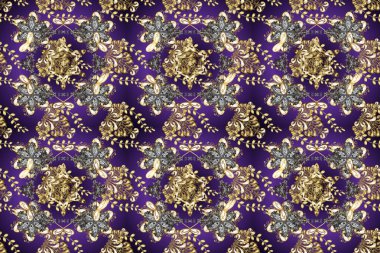 Barok tarzında altın çiçekli süs. Mor, kahverengi ve bej renklerde altın bir element. Altın çiçekli, pürüzsüz desen. Damask arkaplanı.