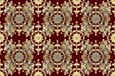 Damask arkaplanı tekerrür ediyor. Kahverengi, bej ve kırmızı renklerde altın element. Barok tarzında altın çiçek süsü. Antika altın tekrarlanabilir duvar kağıdı.