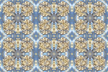 Altın karalama fantezi yapraklarından Raster soyut çiçek çelengi ve bej, nötr ve mavi renkli bir çiçek. El yapımı dekoratif çerçeve, albüm kapağı, tebrik kartı, klasik Art deco tarzı.