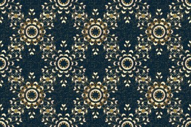 Mavi ve beyaz renklerde altın. Kusursuz ortaçağ çiçek deseni. Doğum günü kartı, davetiye ya da afiş için iyidir. Raster illüstrasyonu. Dekoratif simetri arabesk.