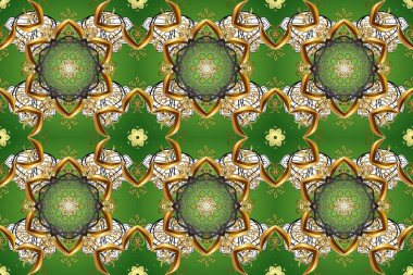 Antika altın tekrarlanabilir duvar kağıdı. Damask pürüzsüz yineleme kalıbı. Barok tarzında altın çiçekli süs. Yeşil, kahverengi ve bej renklerde altın element.