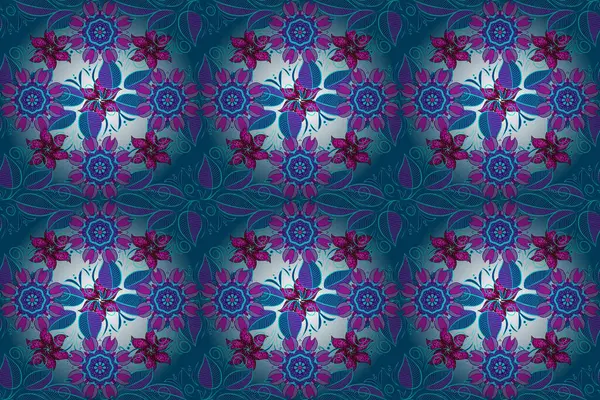 Tarafsız, mor ve mavi renkte çiçekler. Raster illüstrasyonunda kusursuz çiçek deseni.