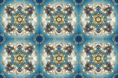 Geleneksel oryantasyon süsü. Altın desenli mavi, gri ve nötr renklerde altın elementler. Klasik klasik klasik arka plan. Kusursuz klasik raster altın desenli.