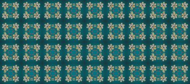 Altın antika ortaçağ dekoratifi, yaprakları ve mavi, yeşil ve gri renkte altın desenli süslemeleri olan kusursuz desenler. Kusursuz kraliyet lüksü, altın barok kumaş rengi..