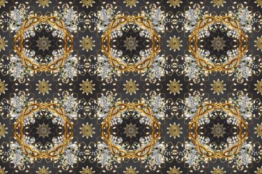 Senin tasarımın için, duvar kağıdı. Kahverengi, mavi ve bej renklerinde, altın çiçekli altın desenler. Altın rengi, kusursuz çizim. Geometrik arkaplan.