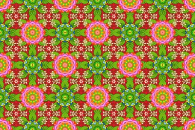 Hediye ambalaj kağıdı, tebrik kartları, posterler ve pankart tasarımı. Yeşil, kırmızı ve turuncu renkli çiçekler. Raster düz çiçekleri pürüzsüz desen.